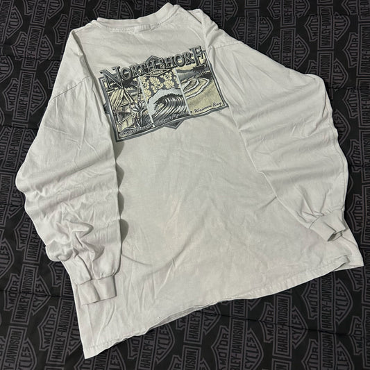 (L) Vintage 90s North Shore Hawaii Waimea Bay White Longsleeve Graphic Shirt