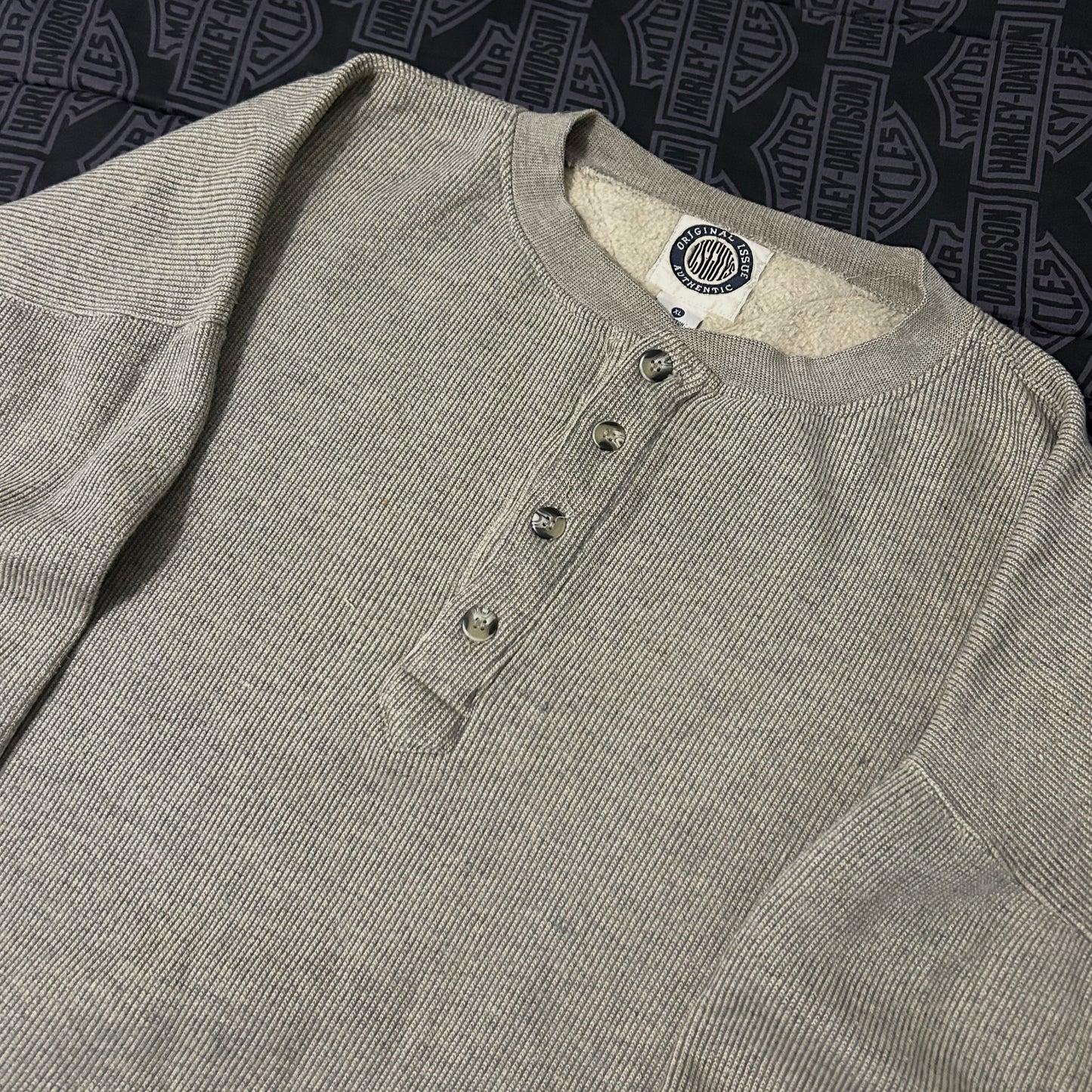 (XL) Vintage Original Issue Fleece Lined Ribbed Henley Pullover Sweater