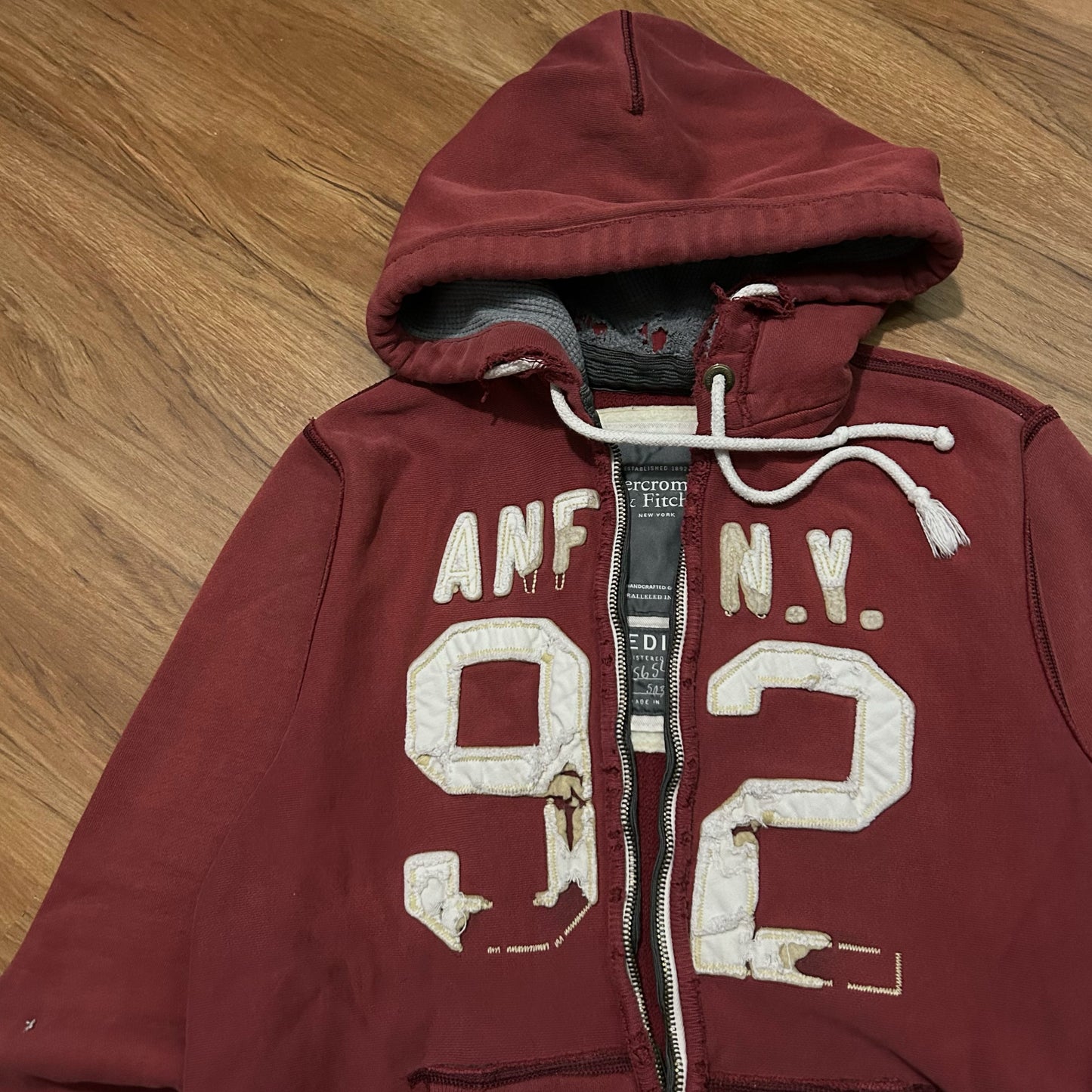 (M) Y2K Abercrombie & Fitch Distressed Burgundy Full Zip Hoodie