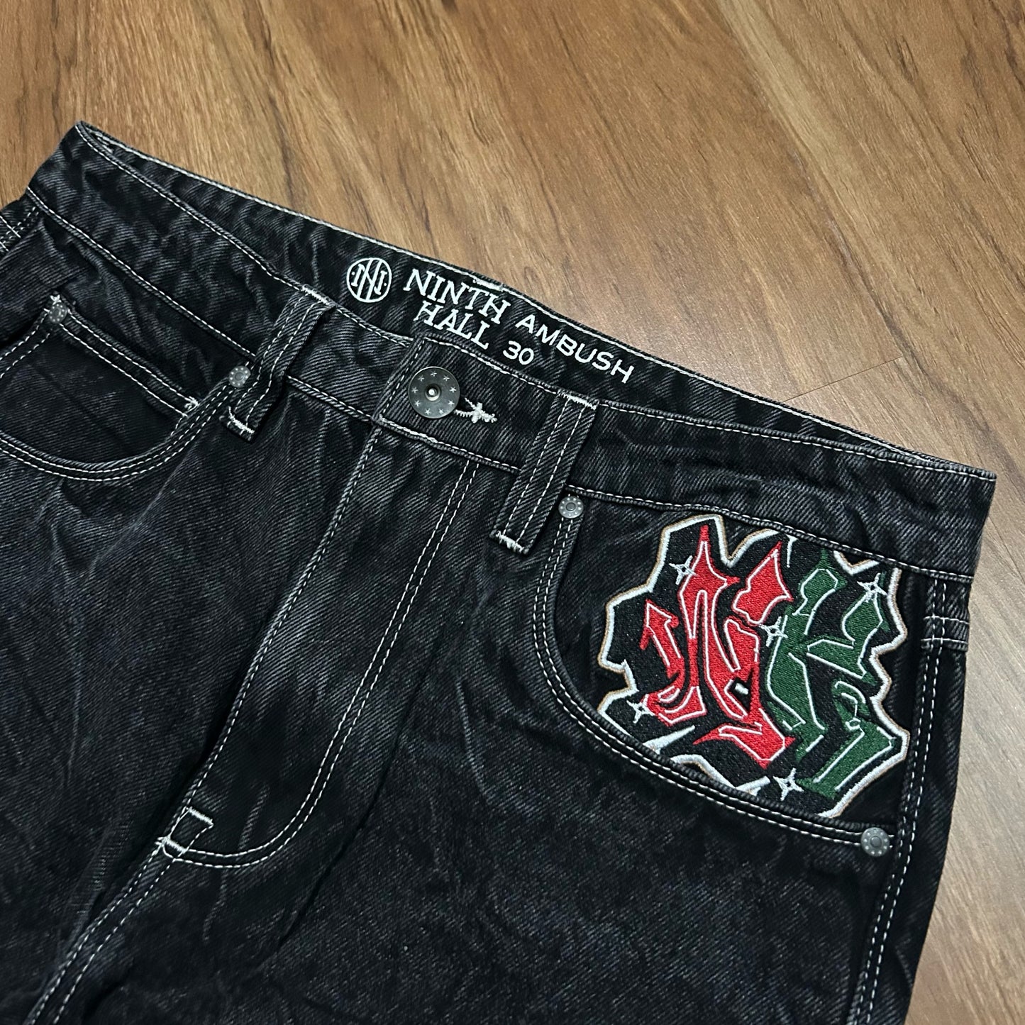 (30) Ninth Hall Ambush Embroidered Baggy Black Denim Jeans