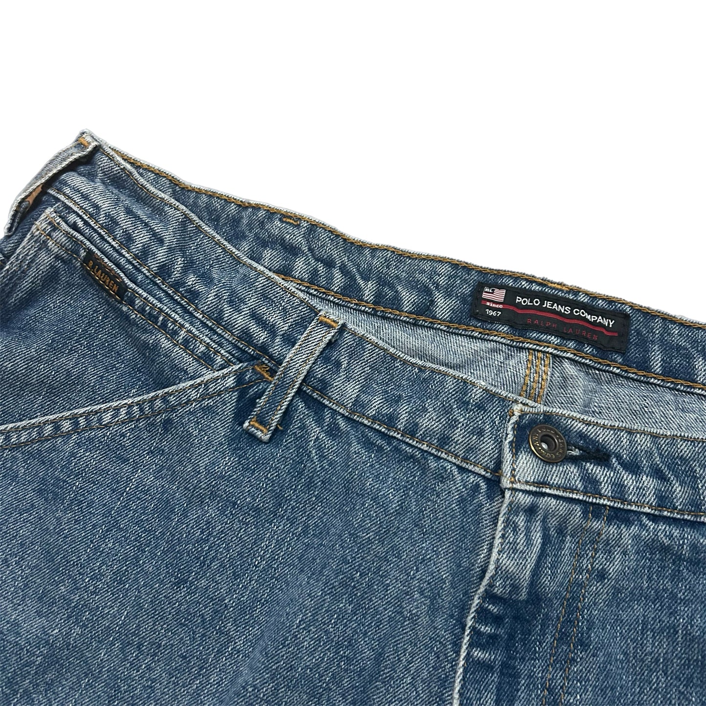 (36) Vintage Polo Ralph Lauren Dark Wash Carpenter Denim Shorts