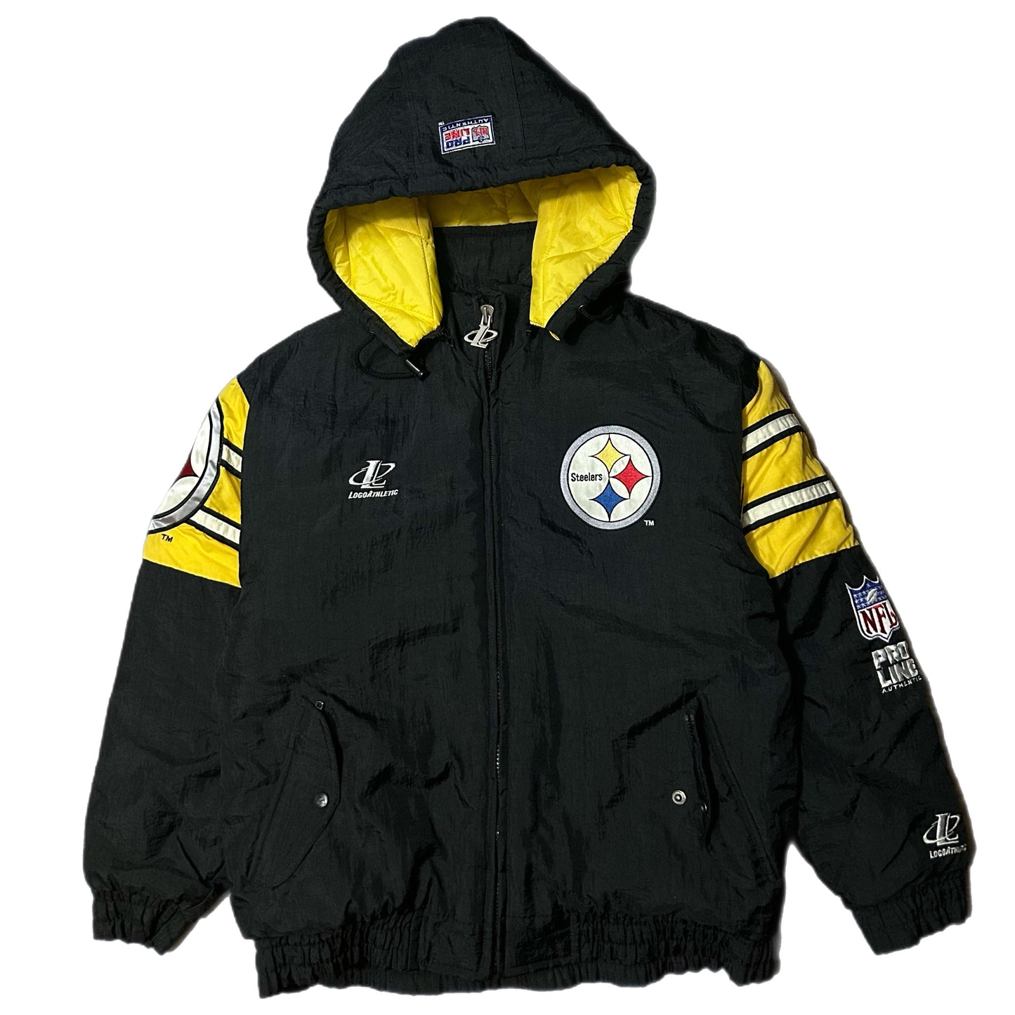 (M) Vintage 90s Logo Athletic Pittsburg Steelers Black Yellow Puffer Jacket