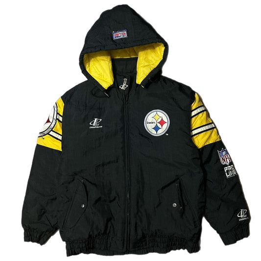 (M) Vintage 90s Logo Athletic Pittsburg Steelers Black Yellow Puffer Jacket