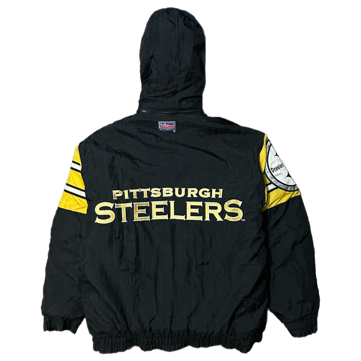 (M) Vintage 90s Logo Athletic Pittsburg Steelers Black Yellow Puffer Jacket