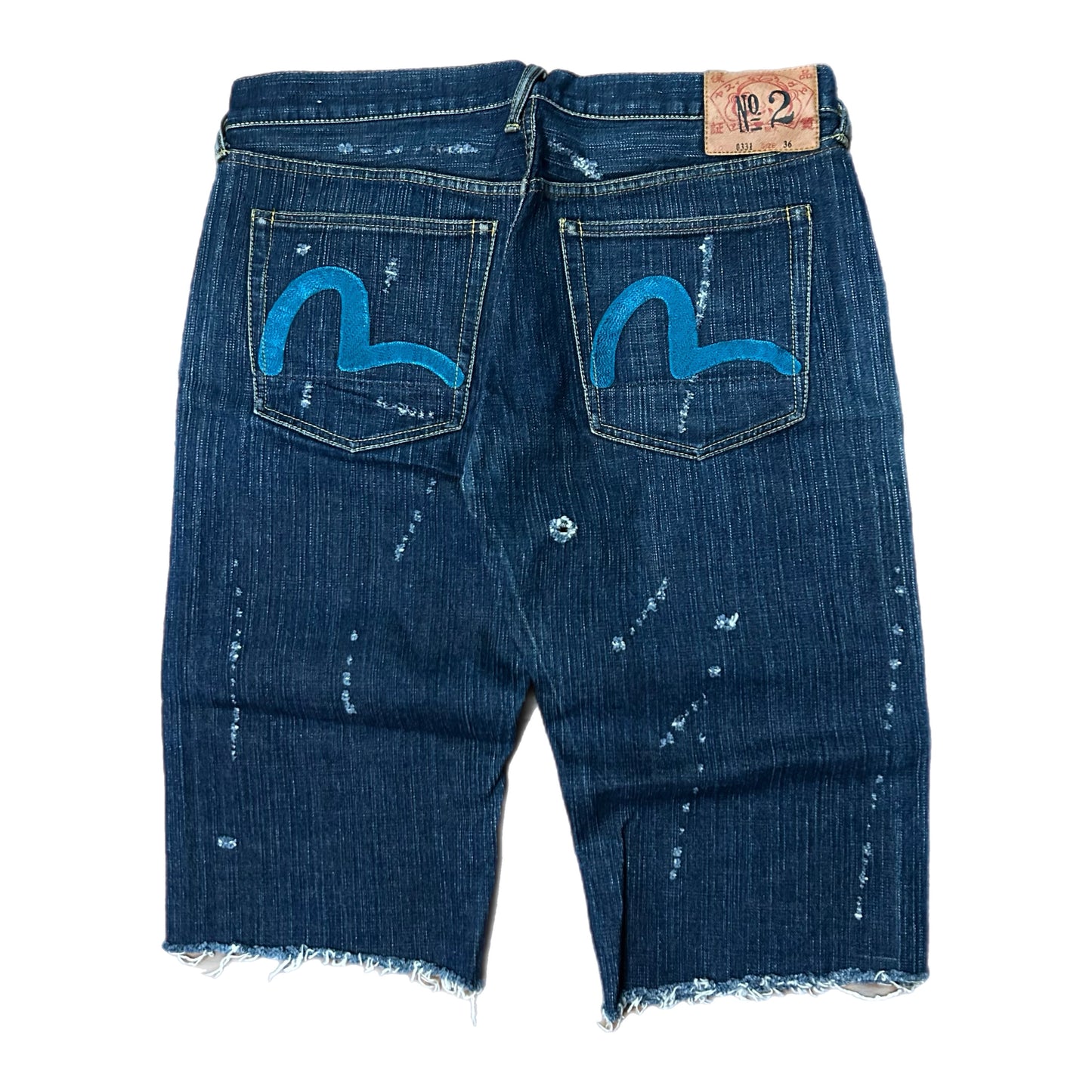 (36) Vintage Evisu Paint Splatter Jean Shorts