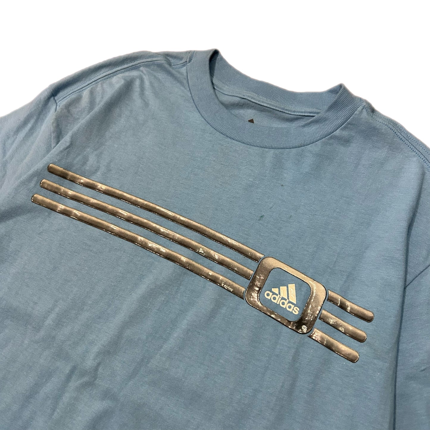 (M) Y2K Adidas 3 Striped Logo Baby Blue T-Shirt
