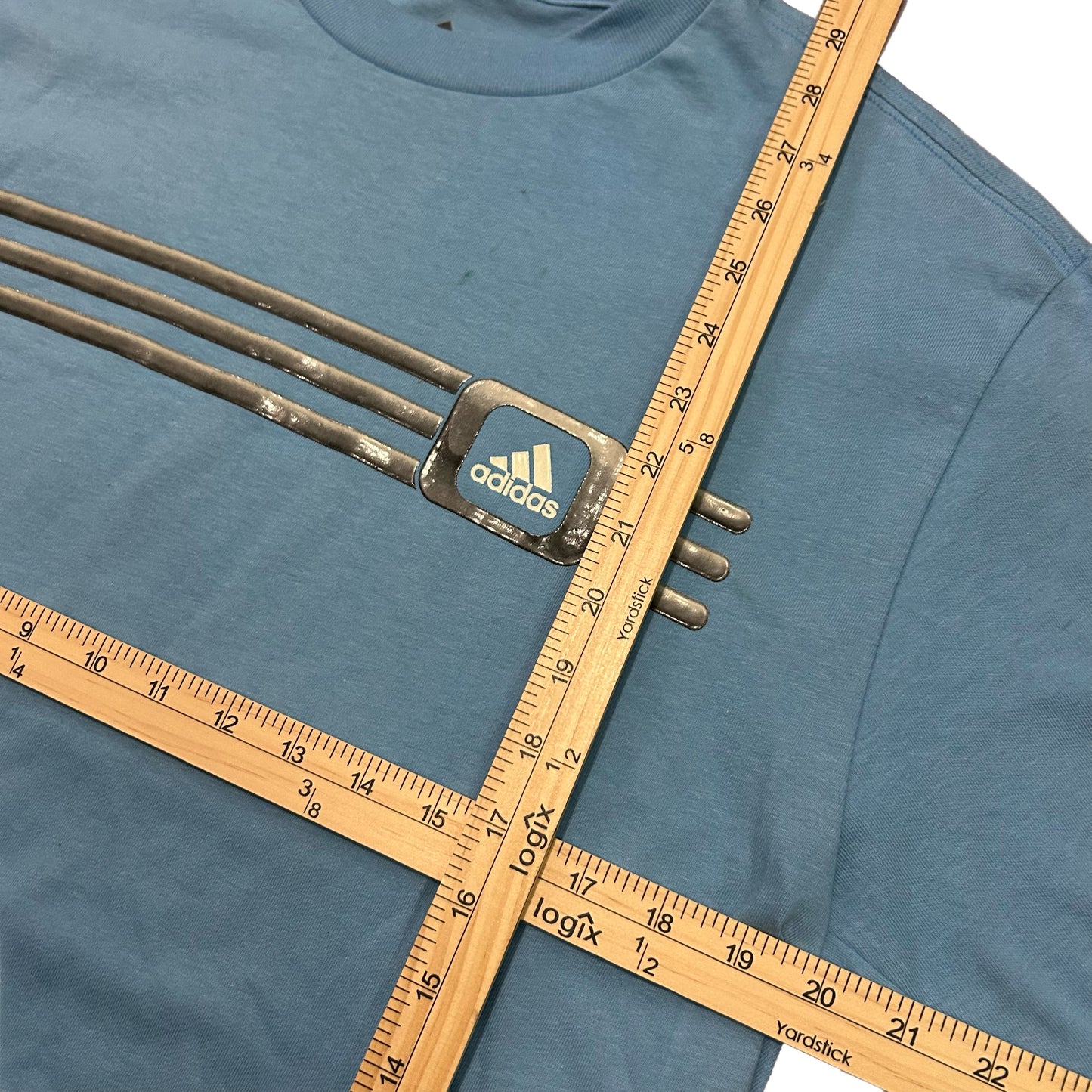 (M) Y2K Adidas 3 Striped Logo Baby Blue T-Shirt